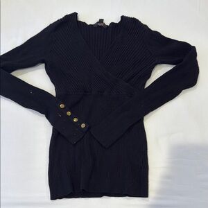 Black Ribbed Sweater with Gold Button Accents